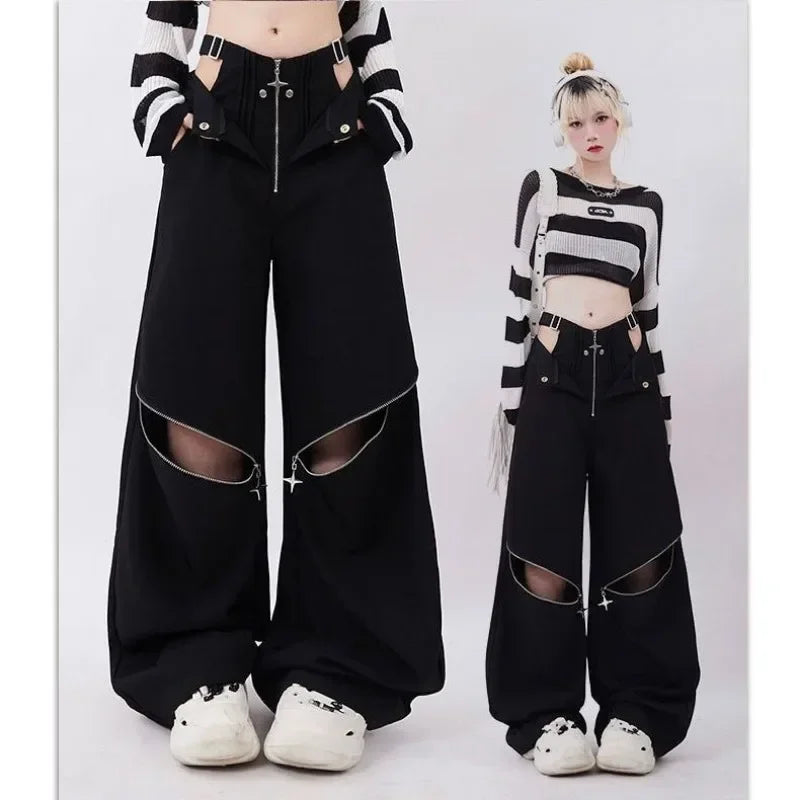 American Individualized Spicy Girl Hollow Out Workwear Pants for Women Fashion Zipper Two Wear Design Casual Versatile Trousers