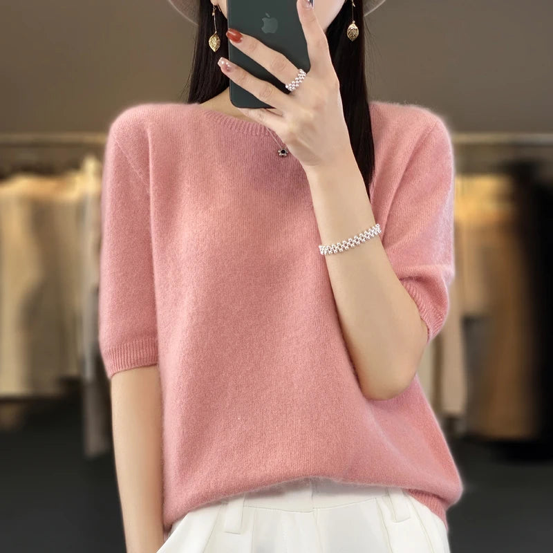 Fashion short half sleeve cashmere women's sweater 100% pure merino wool round neck pullover T-shirt