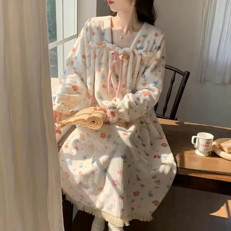 Nightgown Bathrobe Women's Clothing Homewear Winter Thick Cute Coral Velvet Comfortable Casual Simple Stylish Loose Large Size