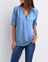 Hot Sale Women Cool Loose Shirt Deep V Neck Chiffon Fashion Blouse Casual Ladies Tops Sexy Zipper Pullover Plus Size