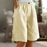 Cotton Linen Shorts Women Summer New Solid Vintage Elastic Waist Wide Leg Pants Casual Loose Five Point Shorts Women Clothing