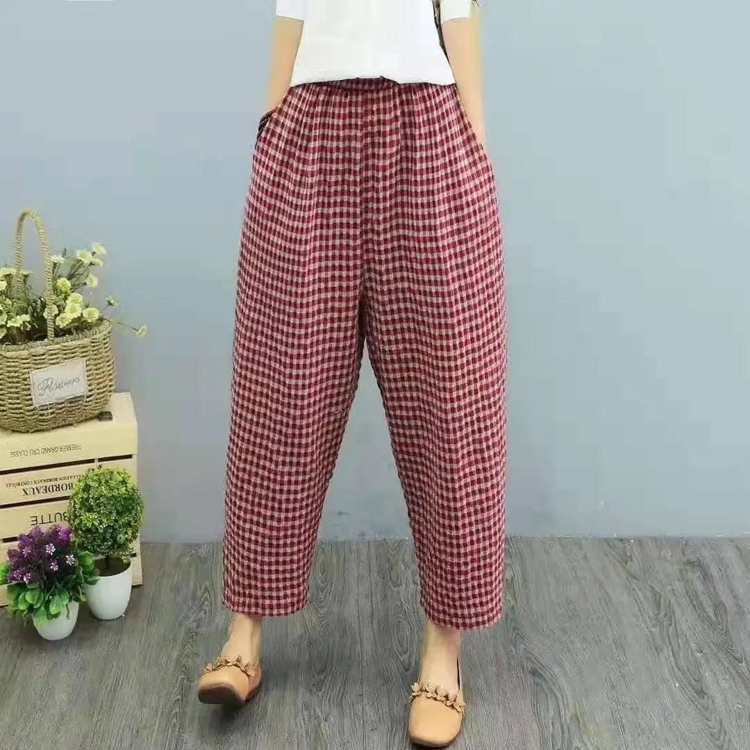 Summer Plaid Fashion Haren Pants Women High Street Casual Loose Pockets High Waist Pure Cotton All-match Comfortable Trousers