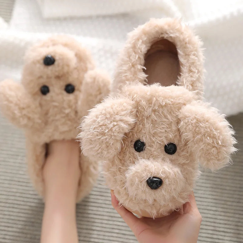 Comwarm Cute Dog Short Plush Slippers For Women Winter Warm Furry Cotton Shoes Couples Home Indoor Bedroom Cozy Slippers