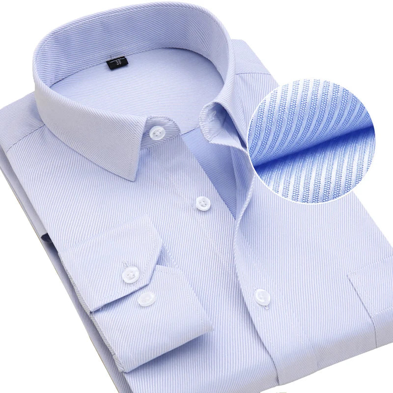 Men's Top Quality Dress Shirts Long Sleeve Slim Fit Solid Striped Business Formal White Shirt Male Social Clothing