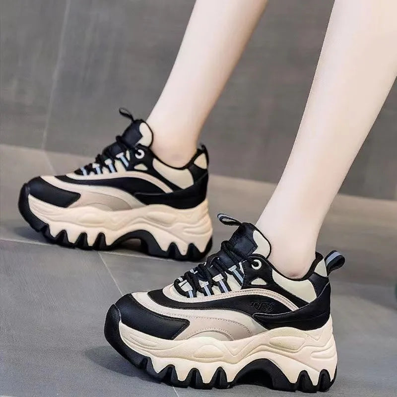 Sneakers Women Casual White Shoes 8CM Fashion Height Increasing Thick Bottom Spring Platform Leather Woman Chunky Sneakers