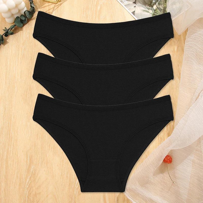 FINETOO 3Pcs/set Women Waffle Cotton Panties S-XL Women's Low-Rise Comfortable Briefs Female Soft Underwear Ladies Underpants