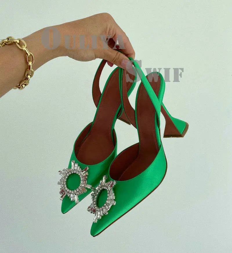 2024 Bow Rhinestone High Heels Sunflower Silk Pointed Party Sandals For Women Wedding Shoes