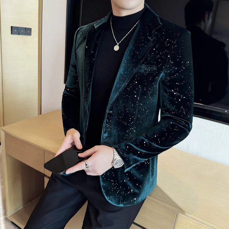 Autumn New Velvet Jacket Men's Blazer Business Fashion Hot Stamping Printed Suit Jacket High-quality Luxury Dress Suit