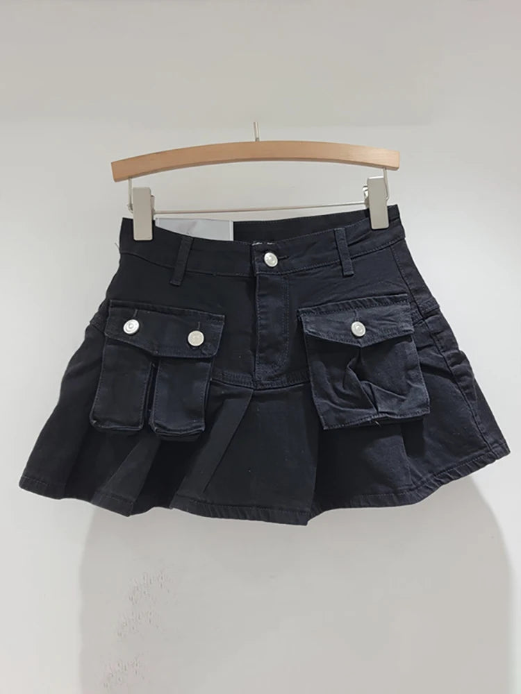 DEAT Women's Denim Skirts Patchwork Asymmetric Pockets Pleated A-line Short Cargo Miniskirt Autumn New Fashion