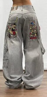Y2K trendy retro classic pocket skull pattern straight denim trousers summer American Gothic washed wide-leg denim loose pants