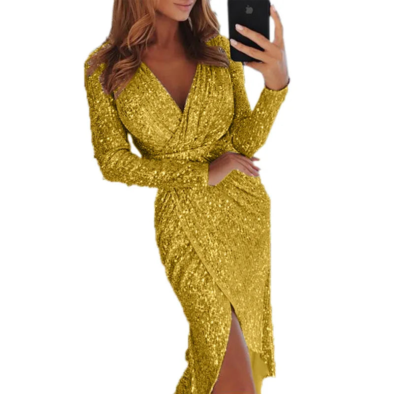 New Women's Gold Plated Long sleeved V-neck Sparkling Dress Evening Sexy Dress