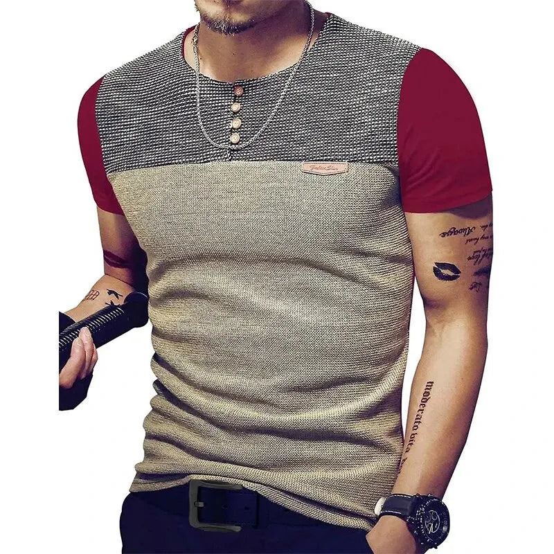 Men's Slim Fitted Casual Short Sleeve Button T-Shirts Contrast Color Stitching Top Tees