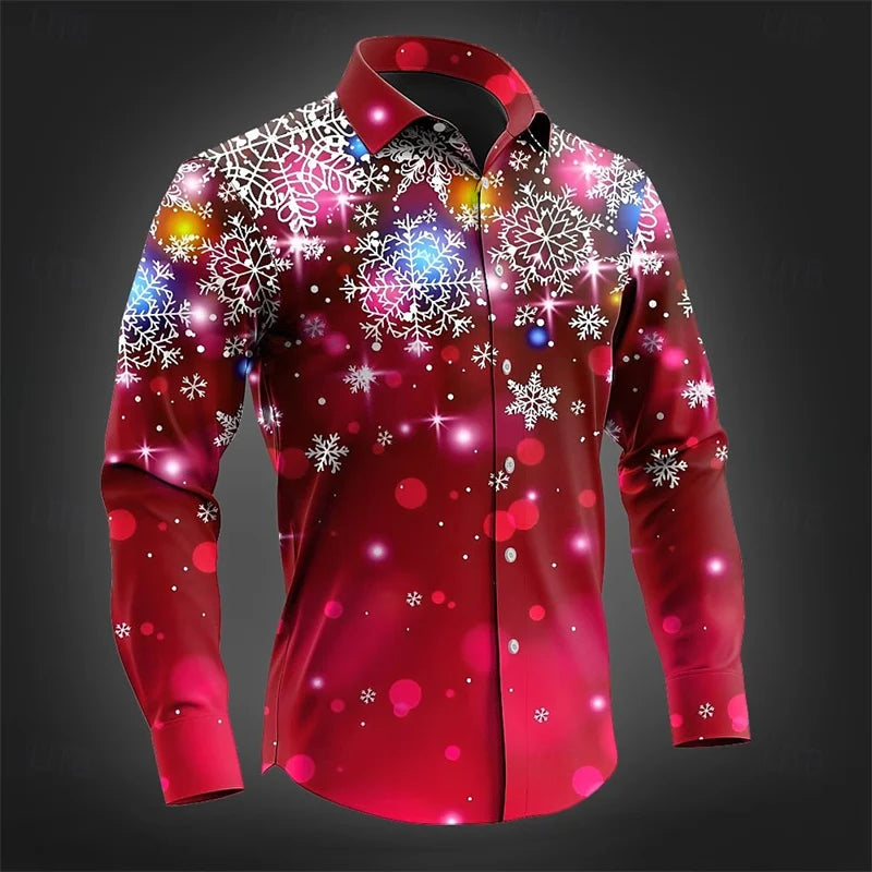 Christmas Men's Christmas Scene Printed Shirt Snowflake Casual Fashion Lapel Button Long Sleeve Party Autumn Shirt