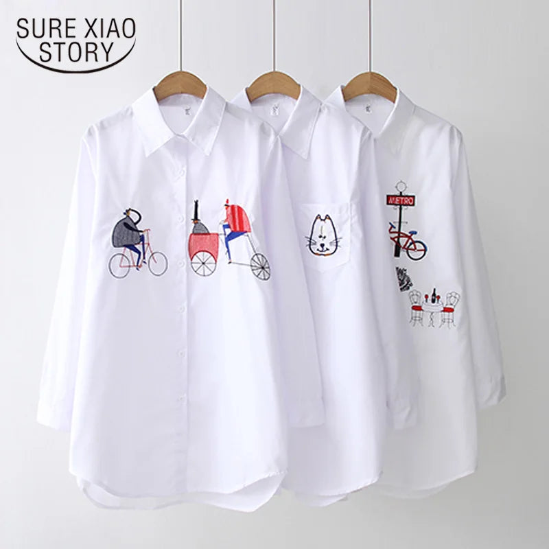 New White Shirt Casual Button Up Turn Down Collar Female Blouse Long Sleeve Cotton Blouse Embroidery Blouse Lady