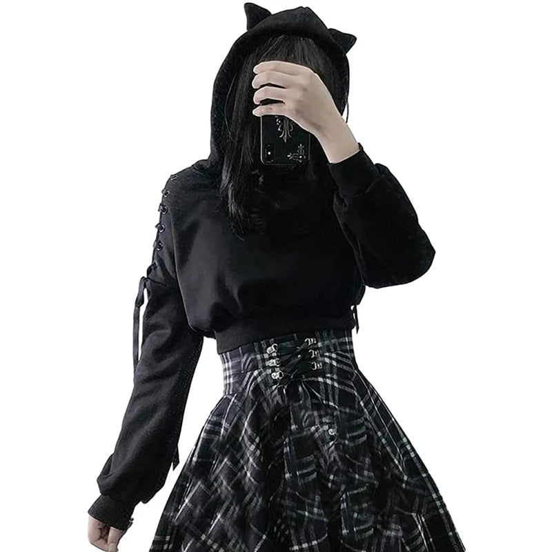 Y2k Gothic Womens Hoodie Cat Ear Crop Top Hooded Sweatshirt Hollow Out Lace Up Long Sleeve Hodded Casual Pullover Autumn