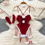 New In Women's Secret Clothes Christmas Red Top Sexy Patchwork Bodysuit Cosplay Erotic Lingerie Winter Strap Pajamas Nightwear