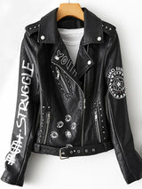 Fitaylor Autumn Winter Women Graffiti Print Faux Leather Jacket Lady Moto Bike PU Leather Coat Casual Rivet Jacket with Belt