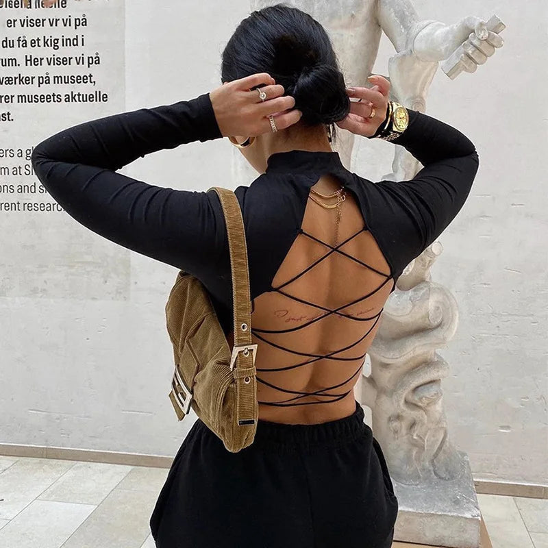 Sexy Cross Bandage Backless Bare Midriff Short T Shirt Women Long Sleeves Bottoming Shirt Ladies Tee Shirt Tops Camisetas Mujer