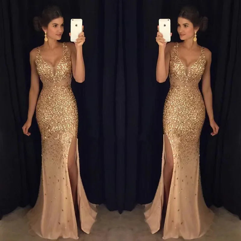 2024 Autumn Winter New European American Cross-border Amazon Side Slit Gold-embellished Long Evening Dress Sleeveless