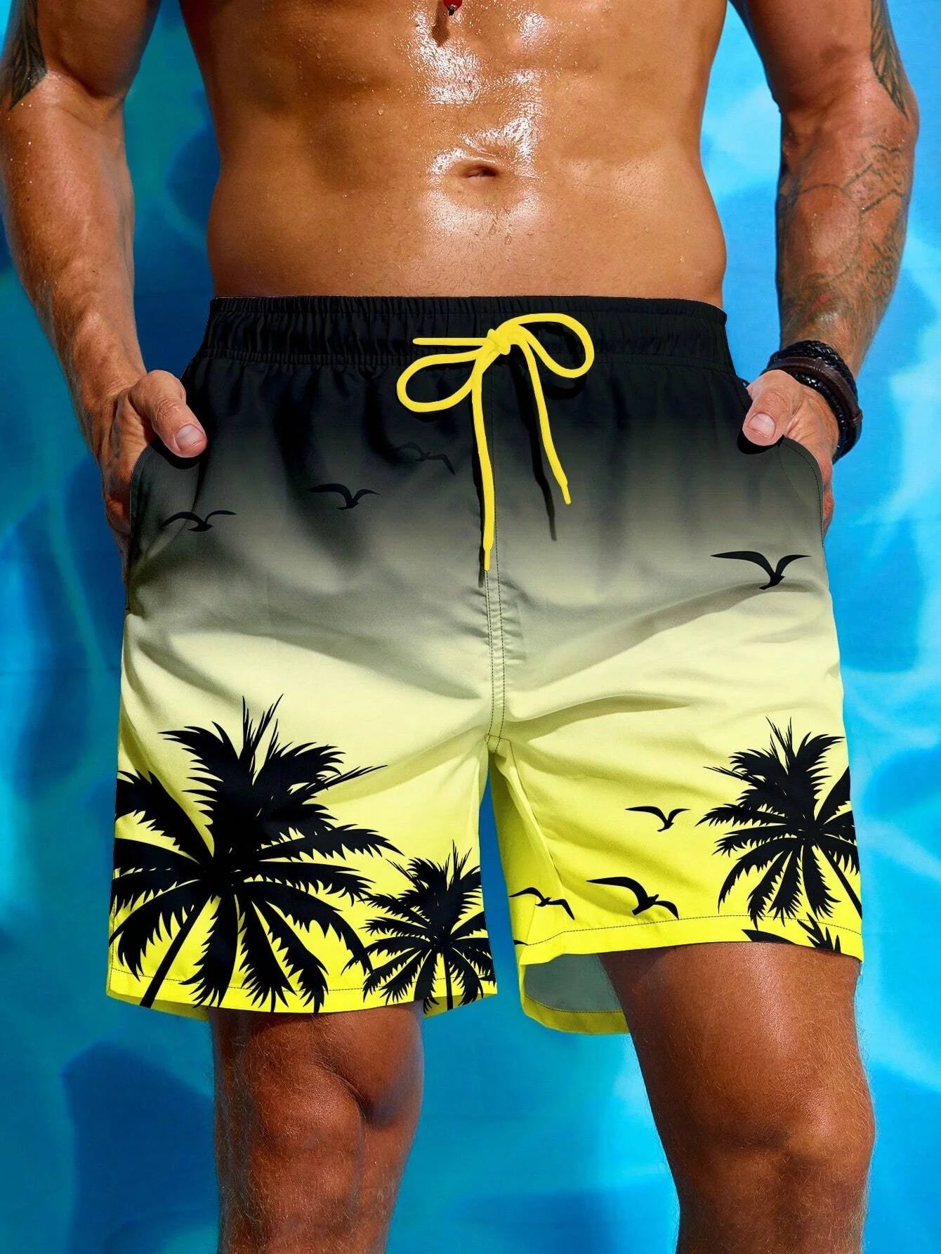 Summer Vacation Men's Palm Tree Print Drawstring Waist Board Shorts Fashion Swim Trunks 3D Print Breathable Short Streetwear