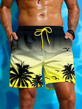 Summer Vacation Men's Palm Tree Print Drawstring Waist Board Shorts Fashion Swim Trunks 3D Print Breathable Short Streetwear