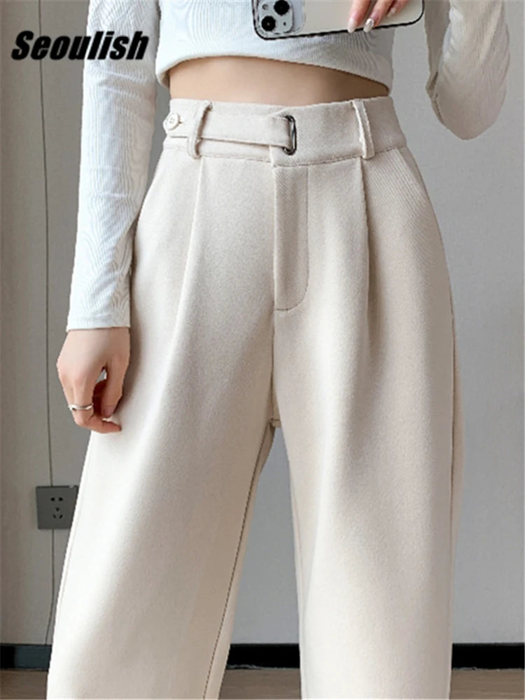 Seoulish Autumn Winter Thicken Woolen Casual Loose Full Length Pants New Button High Waist Chic Wide Leg Trousers Female