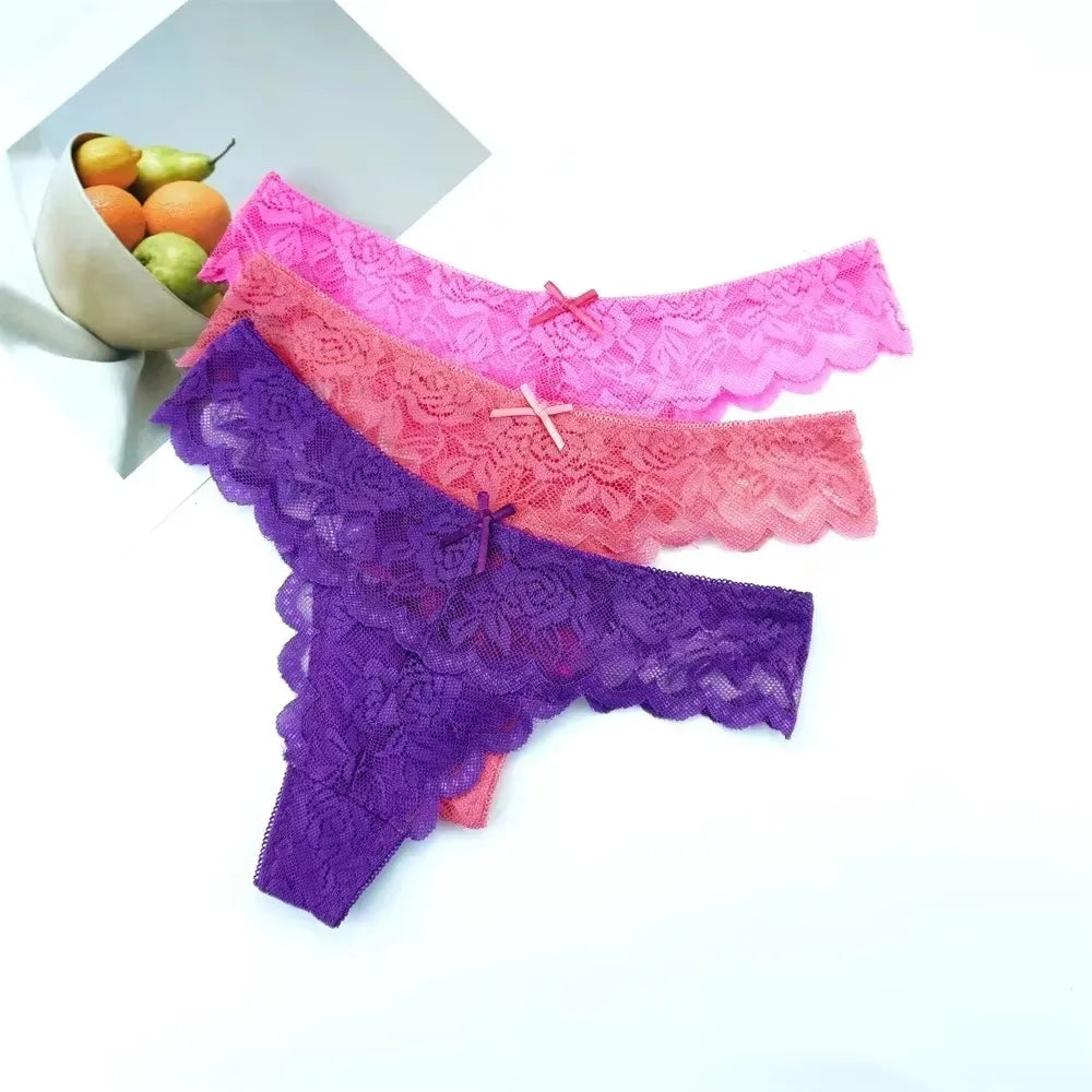 3PC Free Shipping Ladies Thong Sexy Low Waist Lace Panties Transparent G-string Underwear Hot Girl Erotic Panty