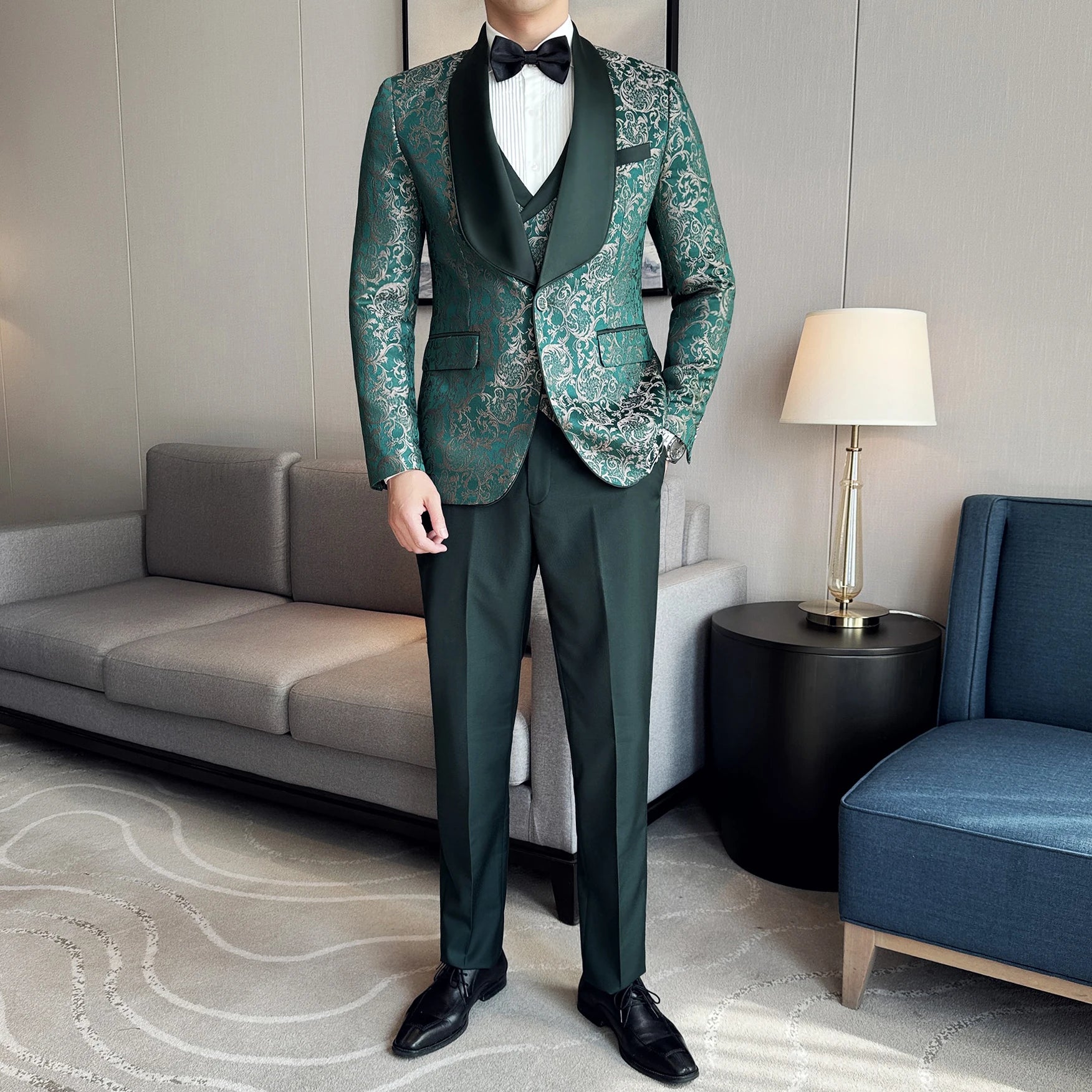 Spring New Men's (suit + Vest + Trousers) British Style Business Casual Three-piece High-density Jacquard Wedding Dress