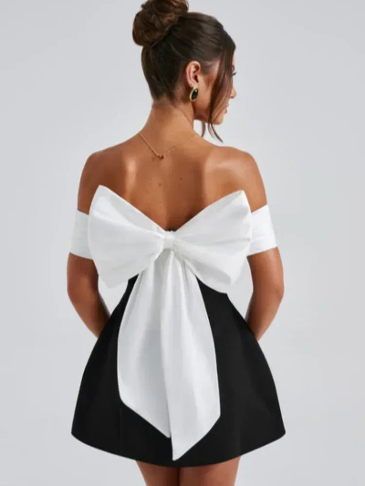 Back Big Bow Decoration Mini Dress Fashion Off Shoulder High Waist Sleeveless Backless Dresses Autumn New Party Gowns