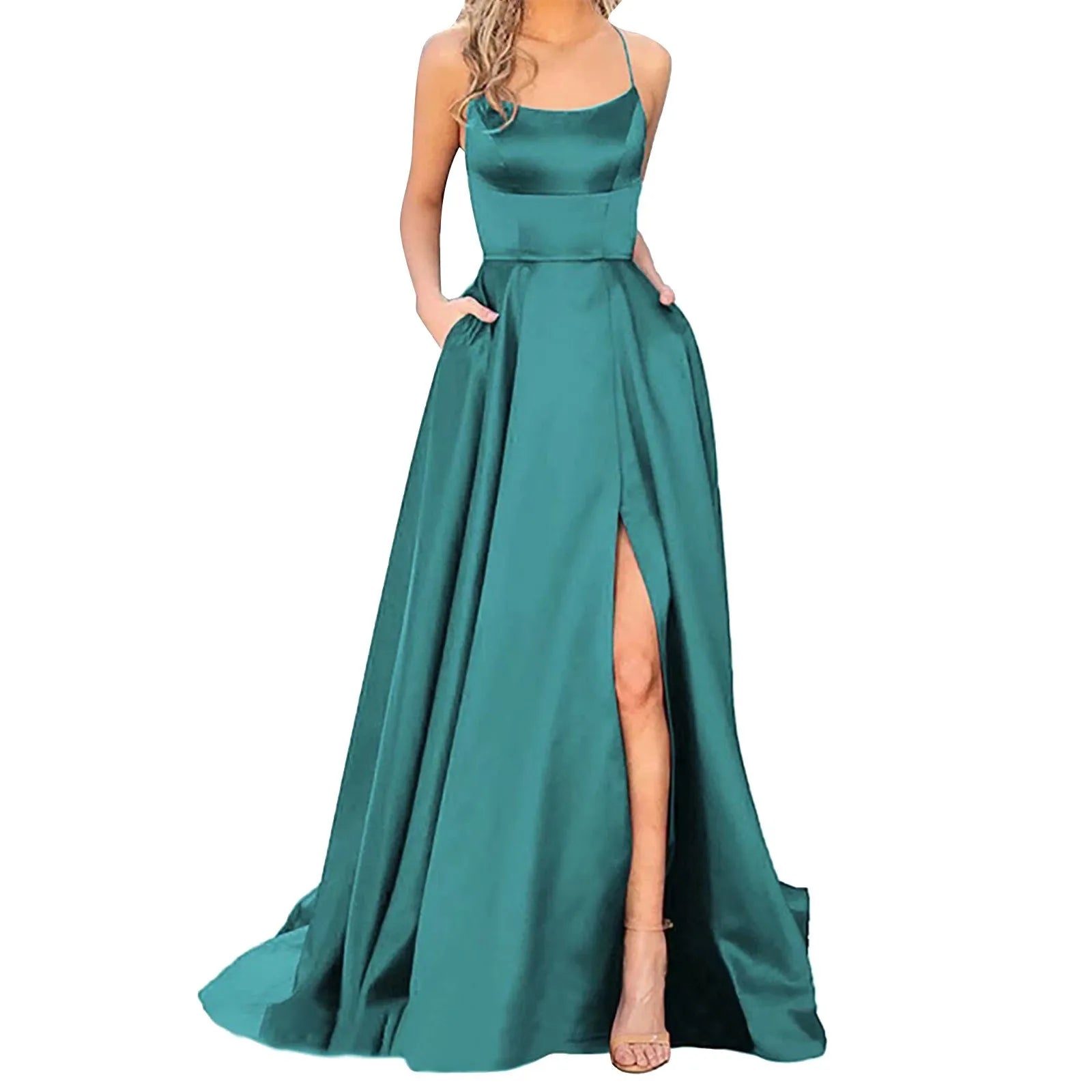 Prom Dresses Ladies Long Women Elegant Backless Long DressesCrisn Satin Spaghetti Party Prom Dress Side Slit Wedding Evening