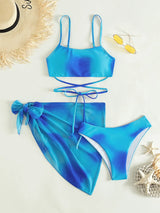 3 Pieces Ombre Lace Up Bikini Swimsuit & Beach Skirt Sexy Swimwear Women Bathing Swimming Swim Suit Female Summer Beachwear