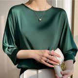 New In Summer Satin Silk Half-Sleeve Tee Tops Basic Solid Casual O-neck Thin Shirts Ladies Loose Blouses