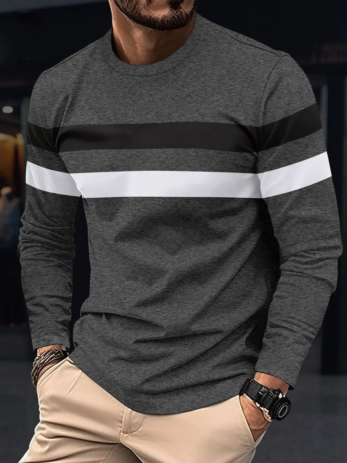 Spring and Autumn Fashion Men's Long Sleeve Round Neck Splicing T-shirt Business Anti Wrinkle Street Wear Casual Top