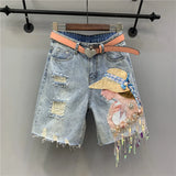 Summer Denim Shorts Women Tassel sequin Fashion Ripped Jeans Shorts Loose High Waist Knee Length pants Female