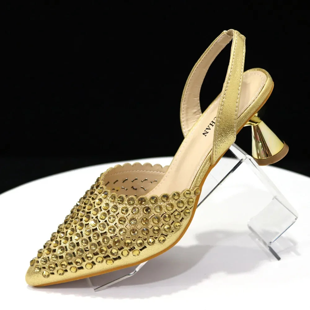 Venus Chan High Heels for Lady Luxury Designer Green Color Full Diamond Pointed Toe Wedding Shoe and Bag Set for Party