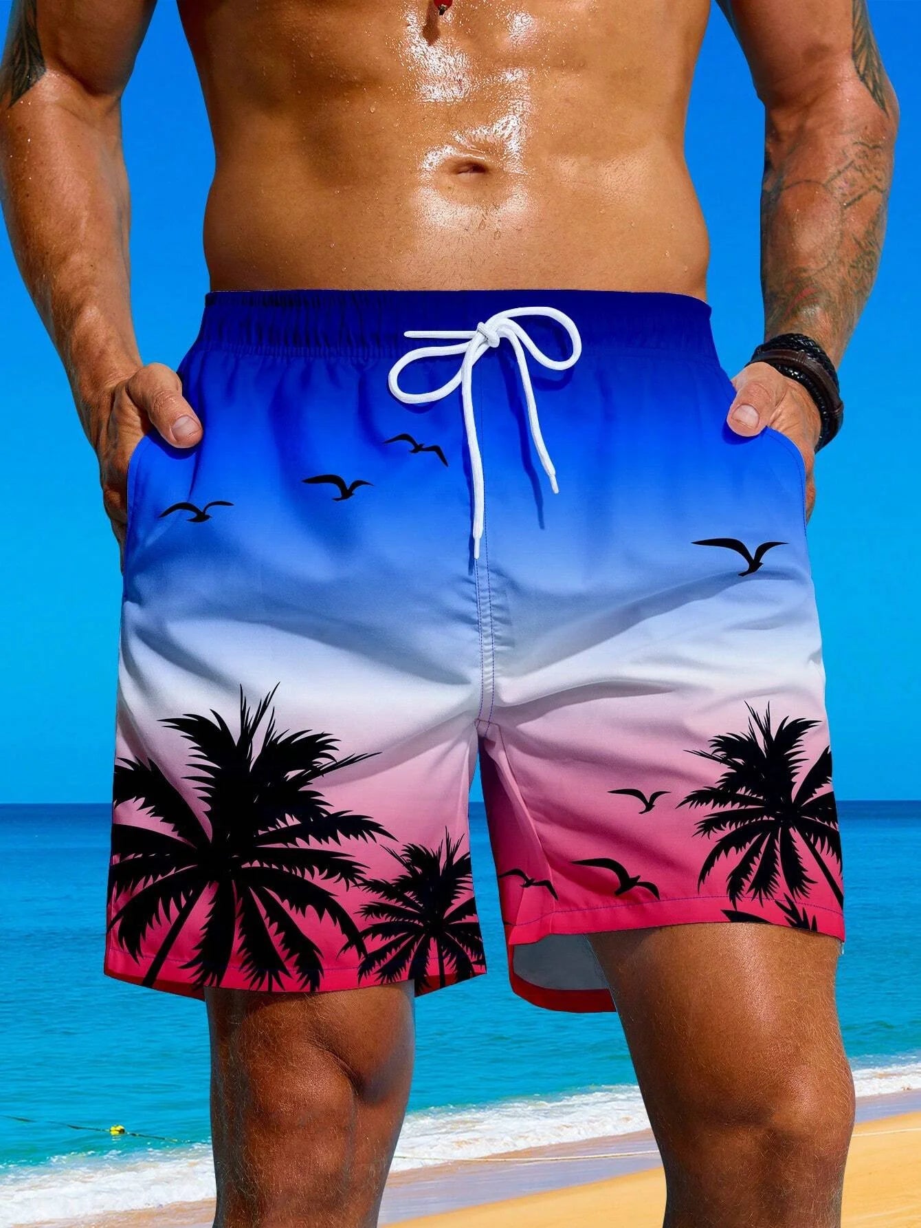 Summer Vacation Men's Palm Tree Print Drawstring Waist Board Shorts Fashion Swim Trunks 3D Print Breathable Short Streetwear