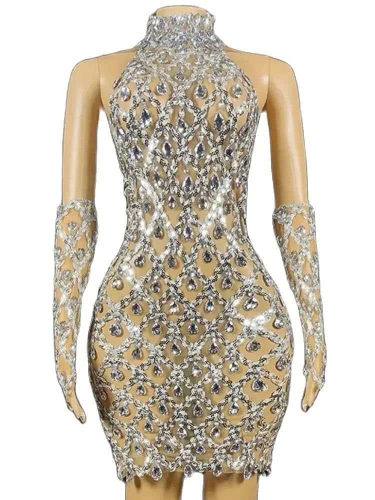 Women Summer New In Dress Celebrity Sparkly Silver Crystals Sexy Transparent Evening Birthday Gown Singer Show Wear With Gloves