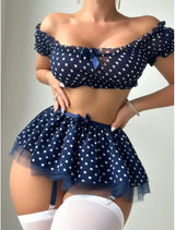 Polka Dot Shoulder Revealing Puffy Skirt 3-piece Sets Sexy Lace Top Skirt Thongs Underwear Suits Romantic Intimate Exotic Sets