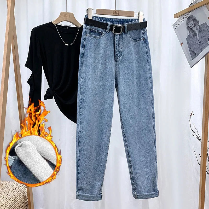 High-waisted Fleece-lined Thickened Denim Jeans For Women Autumn/winter Outer Wear Straight-leg Dad Jeans