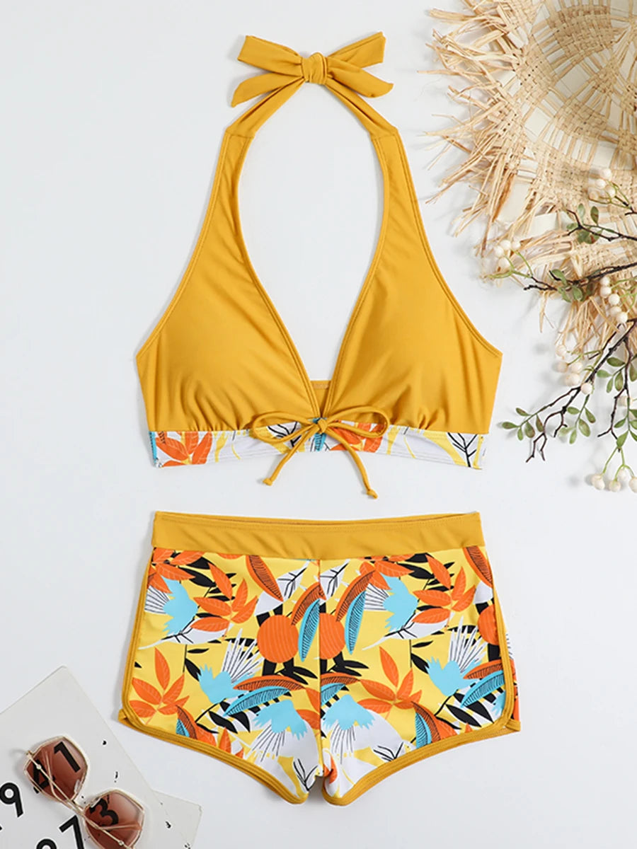 Halter Bikini Set Short Swimsuit Women High Waist Swimwear Female Printed Bathers Swimming Bathing Swim Suit Beachwear