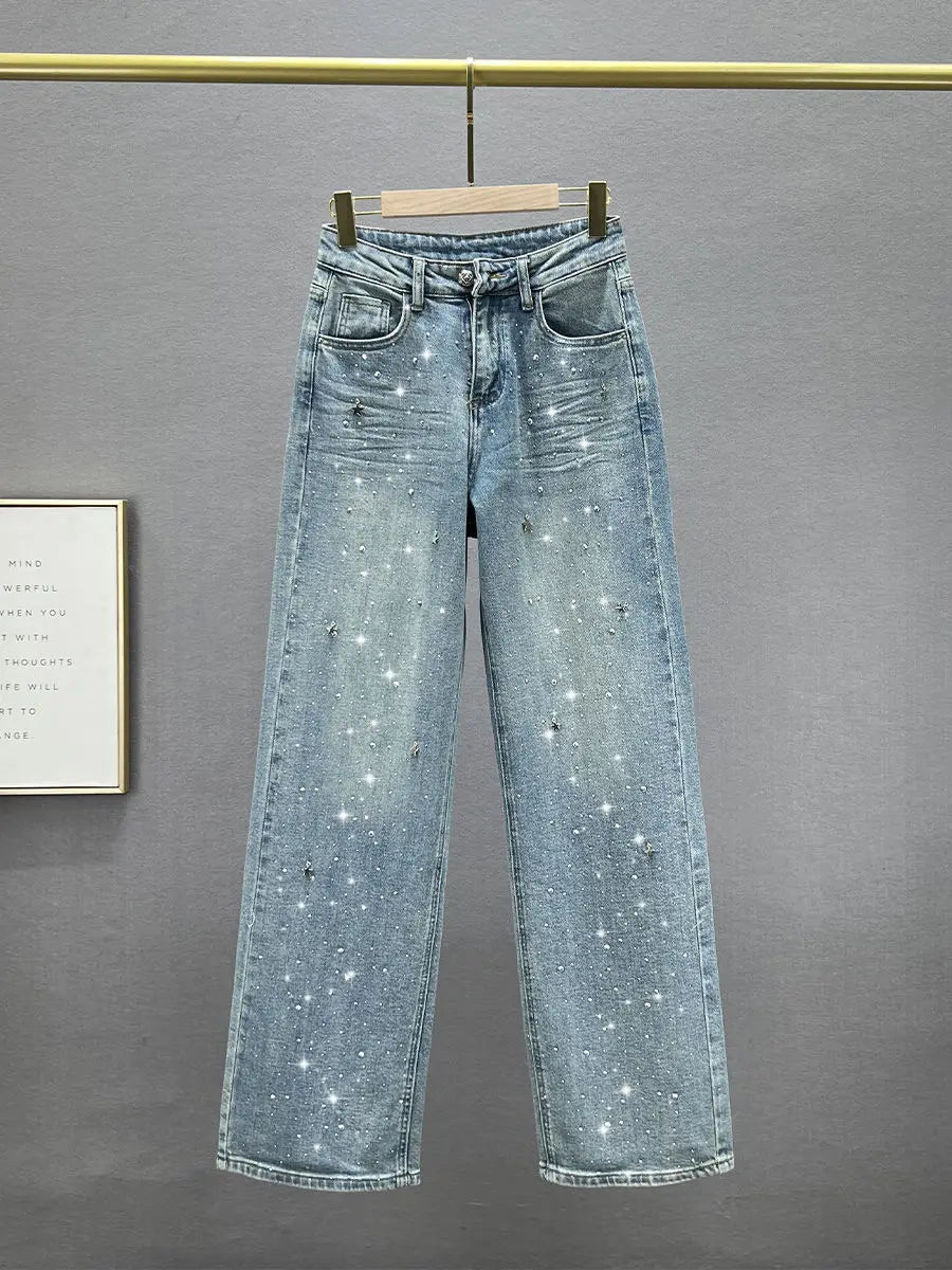 Rhinestone XINGX Pendant Design High Waist Wash Jeans Women's Summer Loose Slimming and All-Matching Straight-Leg Pants