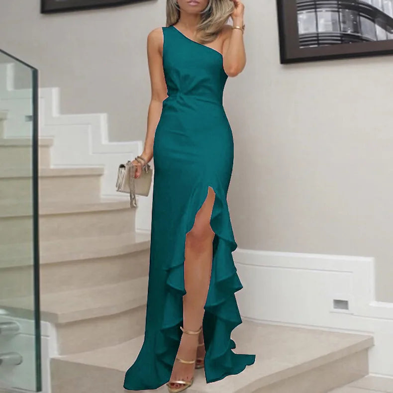 Women's Dress Evening Slit Solid Color Elegant Asymmetric Off-Shoulder Long Dress for Female