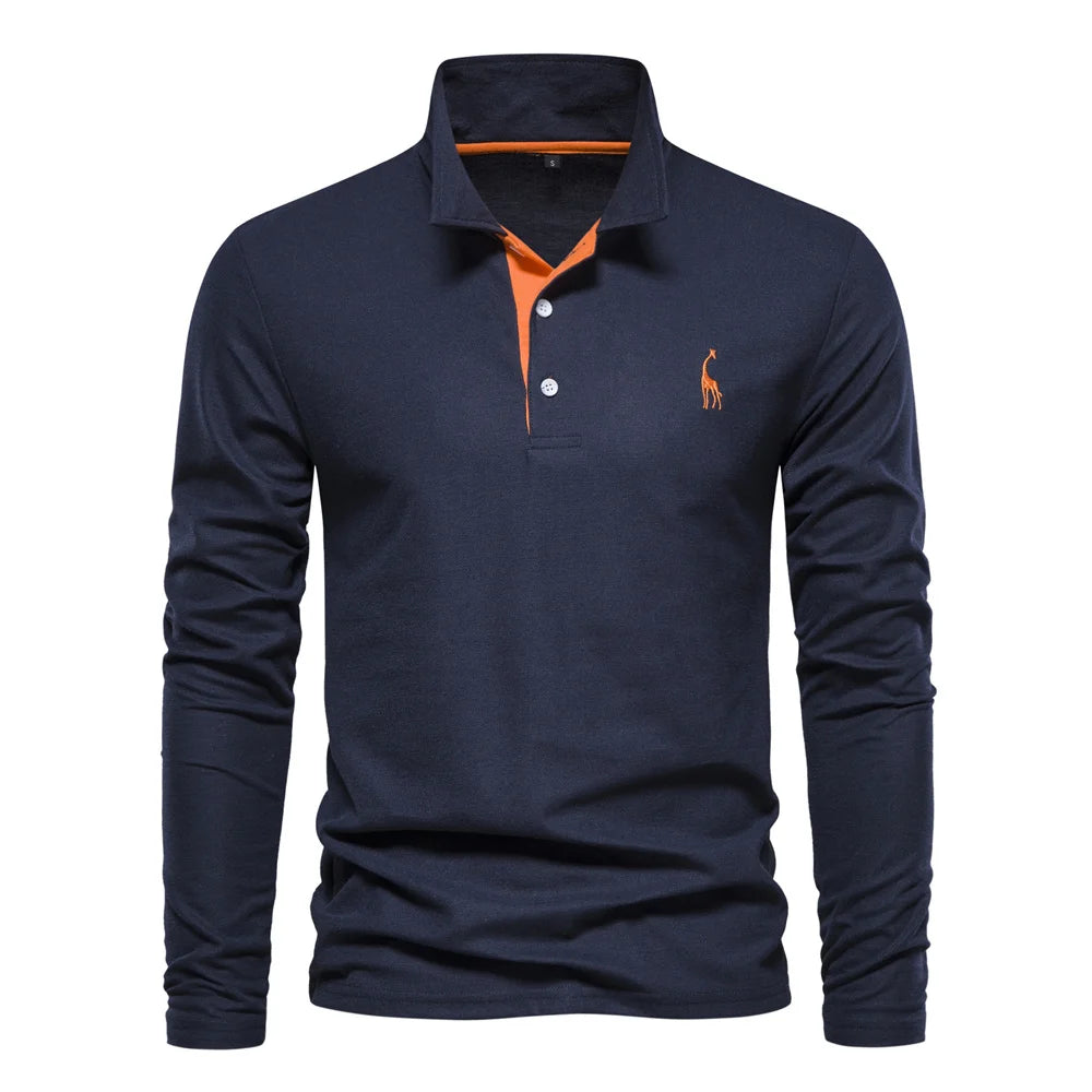 AIOPESON Deer Embroidery Men's Polo Shirts Solid Color Long Sleeve Polo Shirts for Men New Spring Social Business Polos Male