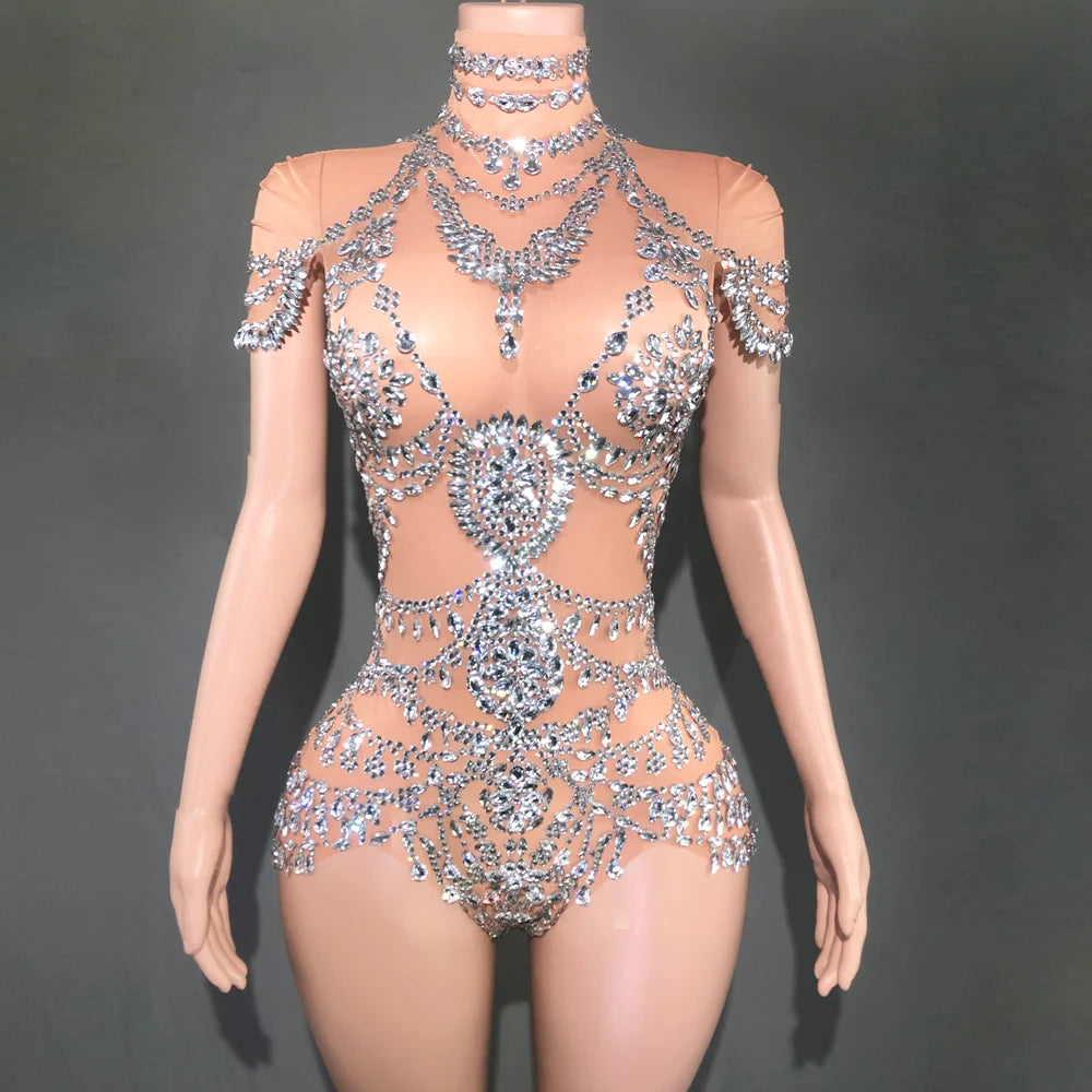 Sparkly Rhinestones Bodysuit for Women Sexy Mesh Transparent Performance Dance Costume Singer Dancer Show Stage Wear