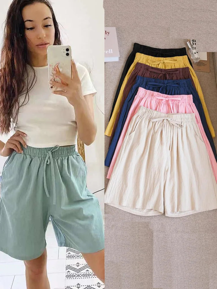 Women Cotton shorts Summer Casual Solid Two Pockets shorts high waist loose shorts for girls Soft Cool female shorts