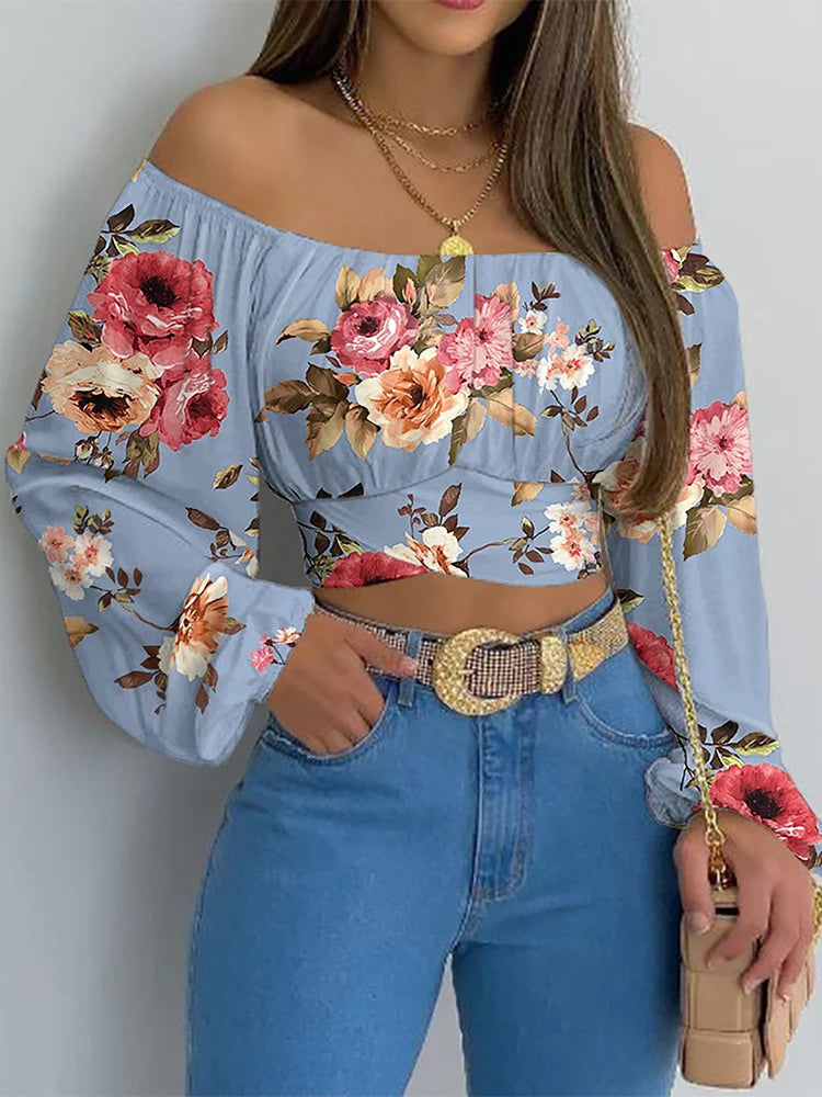 Women's Sexy Off-Shoulder Printing Blouses Chic and Elegant Lantern Long Sleeve Lace Up Bow Cropped Tops Casual Slim Shirts