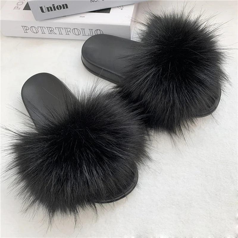 Summer Faux Fur Slippers Women Indoor Furry Fur Slides Female Plush Flip Flops Flats Sandals Casual Fluffy Slipper House Shoes