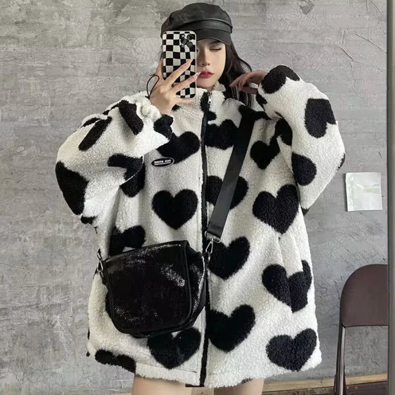 Women Double-sided Wear Loving Heart Lamb Wool Coat Winter New Female Loose Casual Padded Jacket Fashion Stand-up Collar Outwear