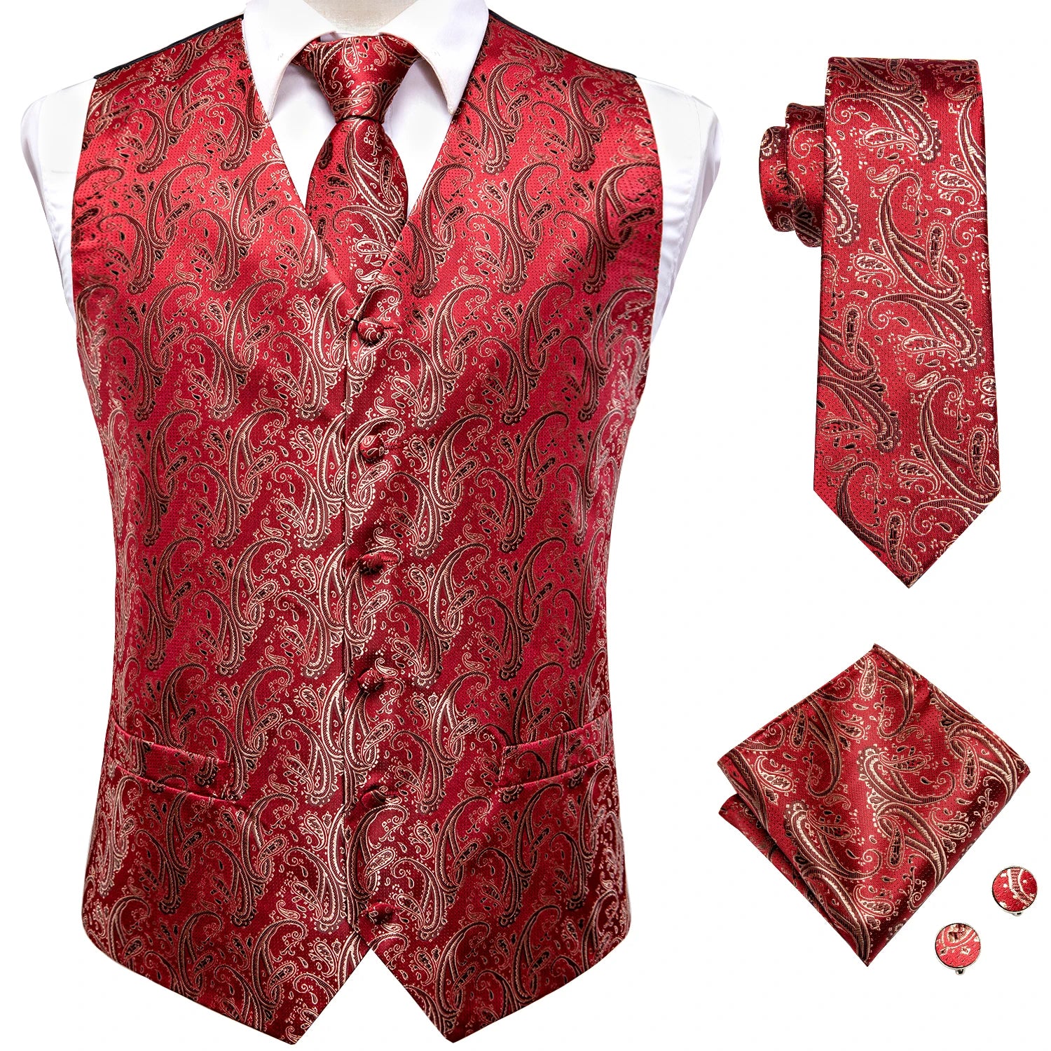 Wedding Purple Silk Men Vest Paisley Slim Fit Necktie Hankerchief Cufflinks Sets Male Sleeveless V-Neck Waistcoat Party Hi-Tie