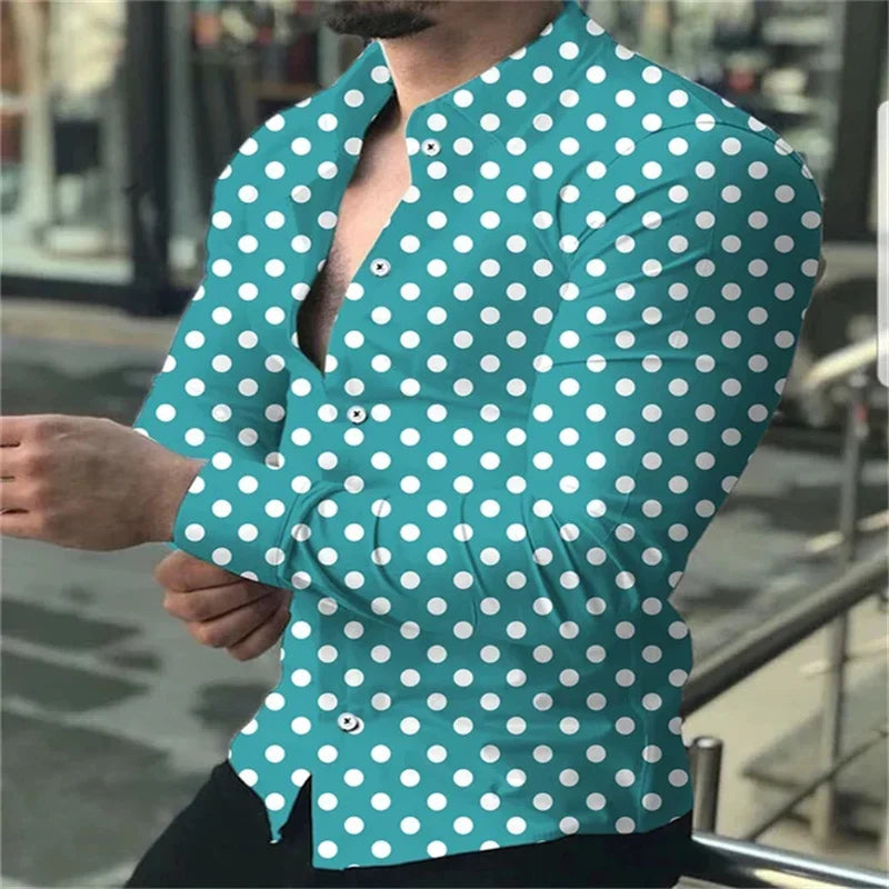 new men's button-down long-sleeved polka dot lapel shirt outdoor street fashion casual breathable comfortable clothing top